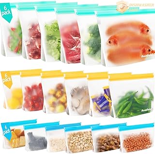 ReaGold 18 Pieces Resealable Food Bags, Reusable Freezer Bags, BPA Free Food Bags, Reusable Sandwich Bags, Silicone Bags for Fruits, Vegetables, Meat