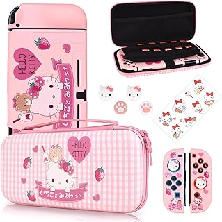 DLseego Carrying Case Set Compatible with Switch, Hard Shell Storage with 12 Playing Card Holders, Silicone Protective Case with 4 Pieces Joystick Cap and 1 x Sticker, Pink Bunny