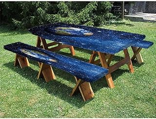 Space Picnic Fitted Tablecloth and Bench Seats Table Cover, Outer View of Planet Earth in Solar System with Stars Life on Globe Themed Image, for Outdoor/BBQ/Camping, 28 x 72 Inch Blue Green