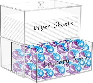 2-Tier Laundry Detergent Storage with 4 Label Decals, Acrylic Laundry Pods Storage Container with Drawer & Lid, Clear Bathroom Washing Powder Storage For Bath Bombs,Scent Booster,Dryer Sheets(2-Tier)