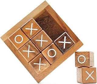 Tic Tac Toe للأطفال والكبار طاولة القهوة ديكور غرفة المعيشة وديكور المكتب ألعاب عائلية ليلية لوحية كلاسيكية خشبية ريفي للعائلات مقاس 4 بوصة من بسيري