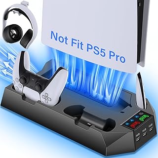 CYKOARMOR PS5 Stand with Cooling Station and Dual Controller Charging Station for PS5 Digital Edition PS5 Disc Version PS5 Fan with Headset Holder and 3 Adjustable Speeds Black USB