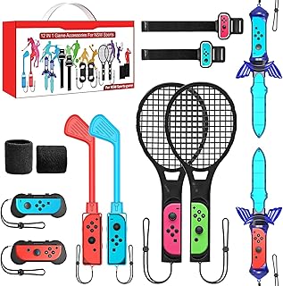 2022 Switch Sports Accessories Bundle Set , 12-in-1 Family Party Pack Game Accessories Kit for Nintendo Switch OLED Sports Games with Tennis Rackets, Golf Clubs ,Sword and Wrist Strap