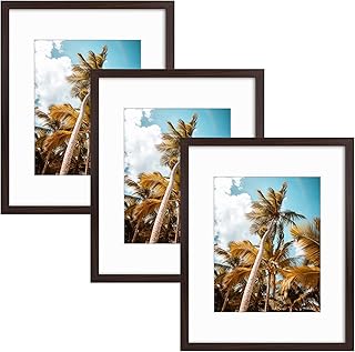 Frametory, 16x20 Picture Frame with Mat for 11x14 Photo - High Definition Glass Wide Molding - Preinstalled Wall Mounting Hardware (Brown, 3 Pack)