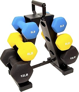 BalanceFrom Multi-Color or Black Neoprene Coated Hexagon Dumbbell Set with Stand, Multiple Sizes