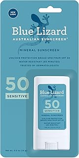 واقي شمس معدني للبشرة الحساسة من بلو ليزارد باكسيد الزنك وعامل وقاية الشمس 50+ مقاوم للماء ويحمي الاشعة فوق البنفسجية ايه بي سهل الاستخدام وخال العطور وامن على الشعاب المرجانية. 0.5 اونصة