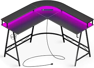 مكتب العاب على شكل حرف L مع اضواء LED ومنافذ طاقة، مكتب كمبيوتر مع ارفف شاشة، مكتب زاوية للمنزل والمكتب مع حامل اكواب وخطاف، الياف كربونية اسود من هوجر