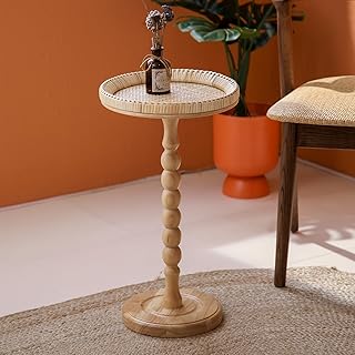 HuiDao Drink Table，Rattan Round Small Side Table for Small Spaces, Boho Circle End Table Coffee Table with Solid Wood Leg for Living Room, Pedestal Table for Bedroom, Corners