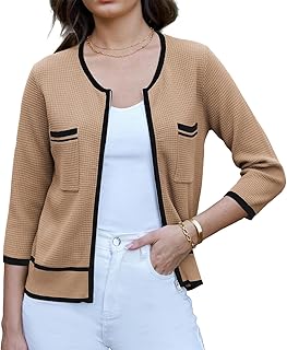 Women's 3/4 Sleeves Round Neck Cardigan Casual Open Front Elegant Lightweight Shrug Knitwear