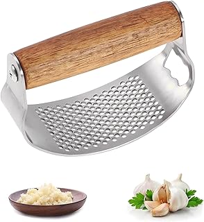 Fhioevt Stainless Steel Garlic Press with Wooden Handle and Bottle Opener Design Stainless Steel