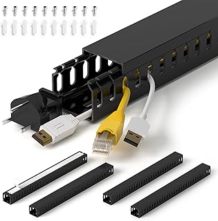 مجرى ادارة كيبلات احترافي 63 انش (4 × طول 15.7 انش) ارتفاع 1.4 × عرض 1.6 انش، مجرى اسلاك بفتحة مفتوحة من بلاستيك PVC امن كهربائيا لاسفل المكتب/الكمبيوتر/اسلاك الشبكة، اسود