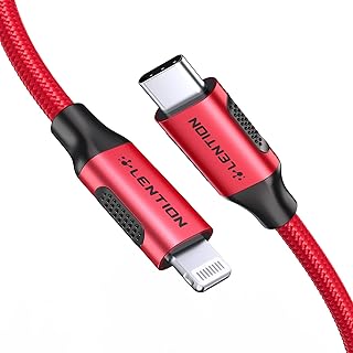 لينشين كيبل شحن USB نوع سي الى لايتنينج بطول 3 قدم (1 متر) وسلك شاحن ثابت معتمد لايفون 12 برو متوافق مع ايفون 12/12 ميني/12 برو/11 برو ماكس/اكس/اكس اس/اكس ار/8/اس اي، ايباد الجيل الثامن (CLA-احمر)