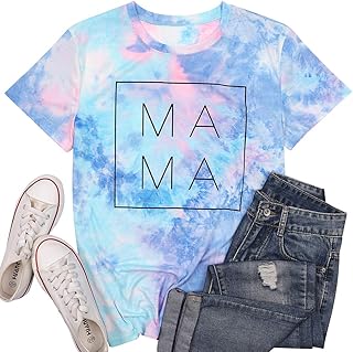 Tie Dye Shirt Women Mom Life Tshirts Mama Letter Printed Clothes Casual Short Sleeve Tees Tops Blue