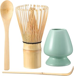 saerryor 4 Pack Matcha Kit, Natural Matcha Whisk, Green Matcha Set Matcha Whisk (Chasen), Ceramic Whisk Holder, Scoop (Chashaku), Tea Spoon