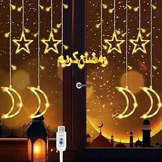 مصابيح رمضان من بوميفار، مصابيح على شكل نجمة وقمر، مصابيح زينة رمضان خارجية، 8 اوضاع اضاءة لتزيين المنزل وحفلات رمضان والعيد