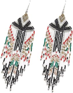 Long Beaded Tassel Earrings - American Flag Drop Earrings Bohemian Beaded, Seed Bead Tribal Dangle Earrings, Pendientes De Borla, Gift Idea for Women