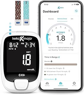 KETO-MOJO GK + جهاز مراقبة الجلوكوز والكيتون بالبلوتوث + تطبيق مجاني ، 20 شريط اختبار (10 كل واحدة) ، متر ، 20 لانسيت ، جهاز الشك ، حلول التحكم. نظام مزدوج لمراقبة الدم في حالة الكيتوزية والنظام الغذا