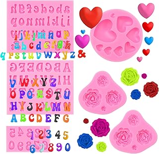 QEEYON Pack of 6 Numbers and Alphabet Silicone Moulds, 3D Flower Silicone Mould, Love Silicone Mould Numbers 0-9 and Silicone Mould Letters, Silicone Mould Alphabet Rose Flower Fondant Mould for Cake