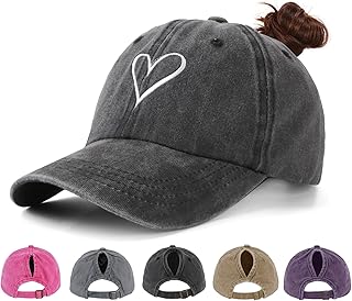 Acado Ponytail Baseball Cap for Women - Distressed Vintage Washed Adjustable Love Heart Embroidered High Bun Hat Ladies Gifts