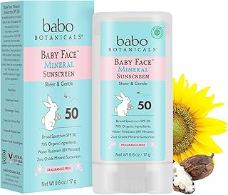 بابو بوتانيكالز Baby Face Mineral Sunscreen Stick SPF 50 مع 70 +٪ مكونات عضوية ، 100٪ زنك نشط ، مقاوم للماء ، صديق للشعاب المرجانية ، خالي من العطور - 0.6 أونصة.