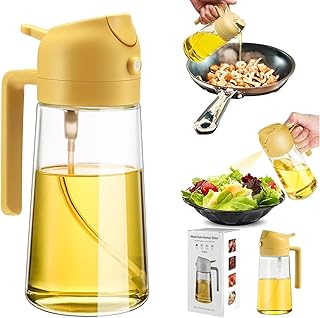 UltiUnison 2 in 1 Olive Oil Dispenser Bottle for Kitchen, 600ml Glass Oil Bottle Oil Sprayer for Cooking, Food-grade Oil Mister for Air Fryer, Salad, Frying, BBQ (Yellow-600ml)