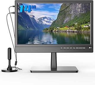 تلفزيون مطبخ بشاشة مسطحة صغيرة مقاس 14 بوصة مع هوائي وموالف ايه تي اس سي ومنفذ USB/HDMI/AV/VGA حامل مدمج وجهاز تحكم عن بعد للسيارة والسيارة الترفيهية والتخييم والاماكن الخارجية من فيهي أسود