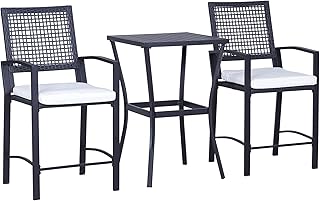 Outsunny 3pcs Patio Bar Set with Soft Cushion, Rattan Wicker Outdoor Furniture Set for Backyards, Lawn, Deck, Poolside