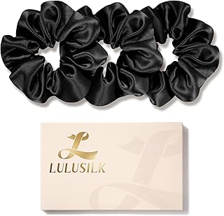 LULUSILK Silk Scrunchies for Hair Sleep, 100% Real Mulberry Silk, No Damage Silk Hair Ties for Women and Girls, Classic Black, Pack of 3