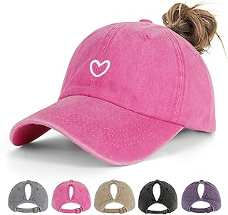 Acado Ponytail Baseball Cap for Women - Vintage Washed Adjustable Baseball Cap Ladies High Bun Hat with Heart Embroidered