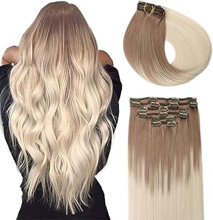 SURNEL Clip in Hair Extensions Ombre Blonde Clip in Human Hair Extensions #8 Light Brown Fading to #60 Platinum Blonde Balayage Hair Extensions Double Weft 14 Inch 100G 6Pcs(#8/60, 14'')