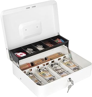 Sumerfnt Cash Box with Lock and Money Tray Money Box for Cash, Metal Lock Box for Money Cash Register for Small Business - 11.8" x 9.4" x 3.54" White