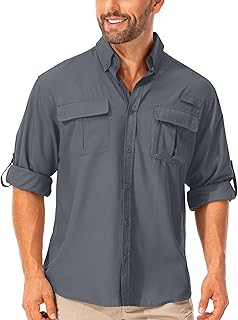 mosingle Men's Long Sleeve Hiking Shirt, Sun UV Protection Safari Fishing Outdoor Shirt Quick Drying Lightweight for Walking Travel, Dark Grey, S