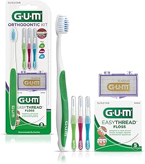 مجموعة تقويم الأسنان من GUM - فرشاة أسنان لتقويم الأسنان، 3 مقاسات بروكسابراش، خيط إيزي ثريد، وشمع أورثو بالنعناع