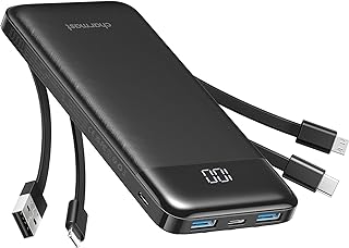 باور بانك من شارماست - كيبل مدمج ، حزمة بطارية USB C 10000 مللي امبير الساعة 6 مخرجات 2 مداخل شاشة LED النوع شاحن متنقل متوافق اجهزة التابلت والهواتف الذكية والمزيد W1148 أسود