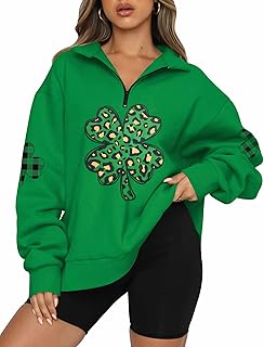 Women's St. Patrick's Day Long Sleeve Oversized Quarter Zipper Sweatshit, Clover Gold Speckle, S