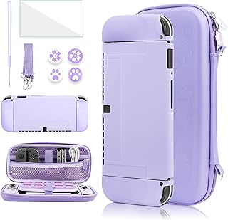 GLDRAM Carrying Case for Nintendo Switch OLED, 9 in 1 Cute Accessories Kit with Travelling Case, Soft TPU Cover, Glass Screen Protector, Thumb Grip Caps, Wrist Band, Shoulder Strap for Girls - Purple