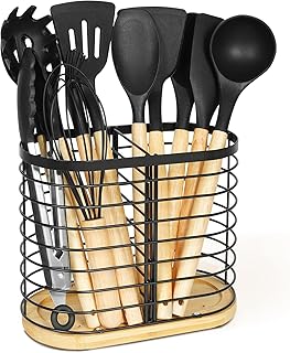 buysigo Utensil Holder for Kitchen Counter, Kitchen Worktop Utensil Organiser, Large Black Stainless Steel Utensil Bowl with Wooden Base, 2 Compartments Kitchen Utensils Caddy, Black