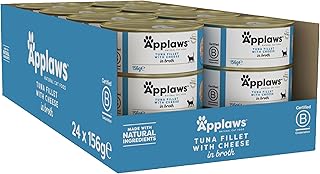 Applaws 100% Natural Premium Wet Cat Food Tuna Fillet with Cheese in Broth - Pack of 24 x 156g Cans