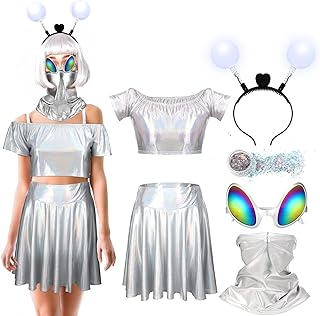 Jiuguva 6 Pcs Halloween Alien Costume Women Alien Headband Glasses, Metallic Skirts Top Outfit for Adult Space Cosplay Favors