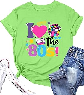 قميص نسائي مطبوع عليه عبارة I Love The 80's Shirt Vintage 80s Music Graphic قميص بأكمام قصيرة لحفلات الثمانينيات