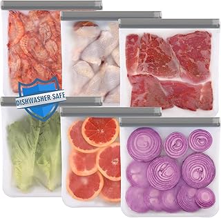 6 Pack Reusable Gallon Freezer Bags Dishwasher Safe, BPA Free Reusable 1 Gallon Bags Silicone, Leakproof Reusable Storage Bags for Marinate Meats, Cereal, Vegetables, Home Organization(Grey)