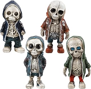 XISEZIUO 4Pcs Horror Skull Decor, Cute Skeleton Figurines with Realistic Details, Unique Resin Skulls Halloween Decor, for Horror Movie Themed Garden Gnomes, and Gothic Home Decor