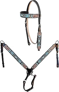 Horse Show Bridle Western Leather Western Basket Weave Tooled Leather Beaded Bridle Breast Collar Tack 79TacksetBeaded