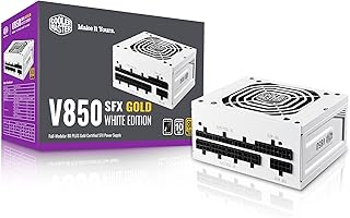 كولر ماستر V850 SFX اصدار ذهبي ابيض وحدات كاملة، 850 واط، كفاءة 80+ ذهبي، يتضمن دعامة ايه تي اكس، مروحة اف دي بي هادئة، عامل شكل SFX، ضمان 10 سنوات