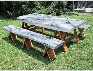 Marble Picnic Table and Bench Fitted Tablecloth Cover, 3-piece set, perfect for party outdoor patio, 28 x 72 Inch