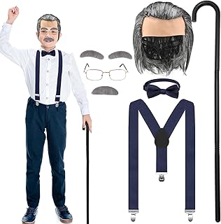 Jutom 8 Pcs 100th Day of School Old Man Costume for Kids Boys Child Grandpa Costume Cane Glasses Bald Wig Mustache Suspender