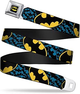 Buckle-Down Men's Seatbelt Belt Batman Kids, Bat Signals Stacked c Blue/Black/Yellow, 1.0" Wide-20-36 Inches