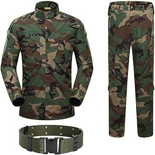 زي موحد للرجال من H World Shopping Military Tactical Mens Hunting Combat BDU قميص وبنطال مع حزام مموه وودلاند