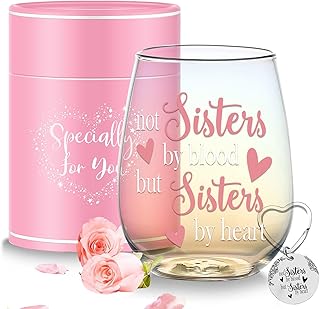 كأس نبيذ قزحي اللون بدون جذع، هدايا عيد ميلاد لأفضل صديق مقولة مضحكة "Not Sisters by Blood but Sisters by Heart"، فكرة هدايا لأفضل صديق للنساء والفتيات، ديكور حفلات مخصص