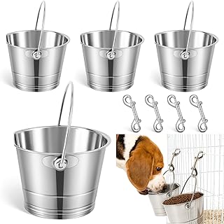 Mumufy 4 Set Stainless Steel Flat Side Bucket 1 Quart Durable Water Pails and 4pcs Double Ended Snaps 3.5 Inch Small Flat Side Food Water Bucket for Fences Dogs Cats Kennels Cages